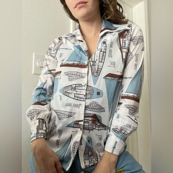 Vintage 70s Novelty Art‎ To Wear Boat Textbook Button Down Shirt Dagger Collar M - Picture 3 of 7